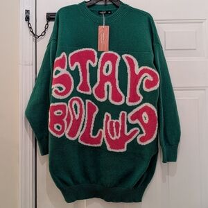 NWT Shein Curve "Stay Bold" Green And Pink Pullover Sweater, Size OXL